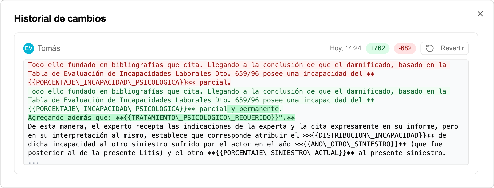 Historial de cambios en plantillas